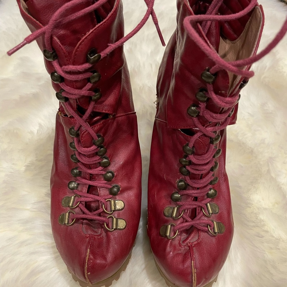 Jeffrey Campbell red wedge lace up boot
